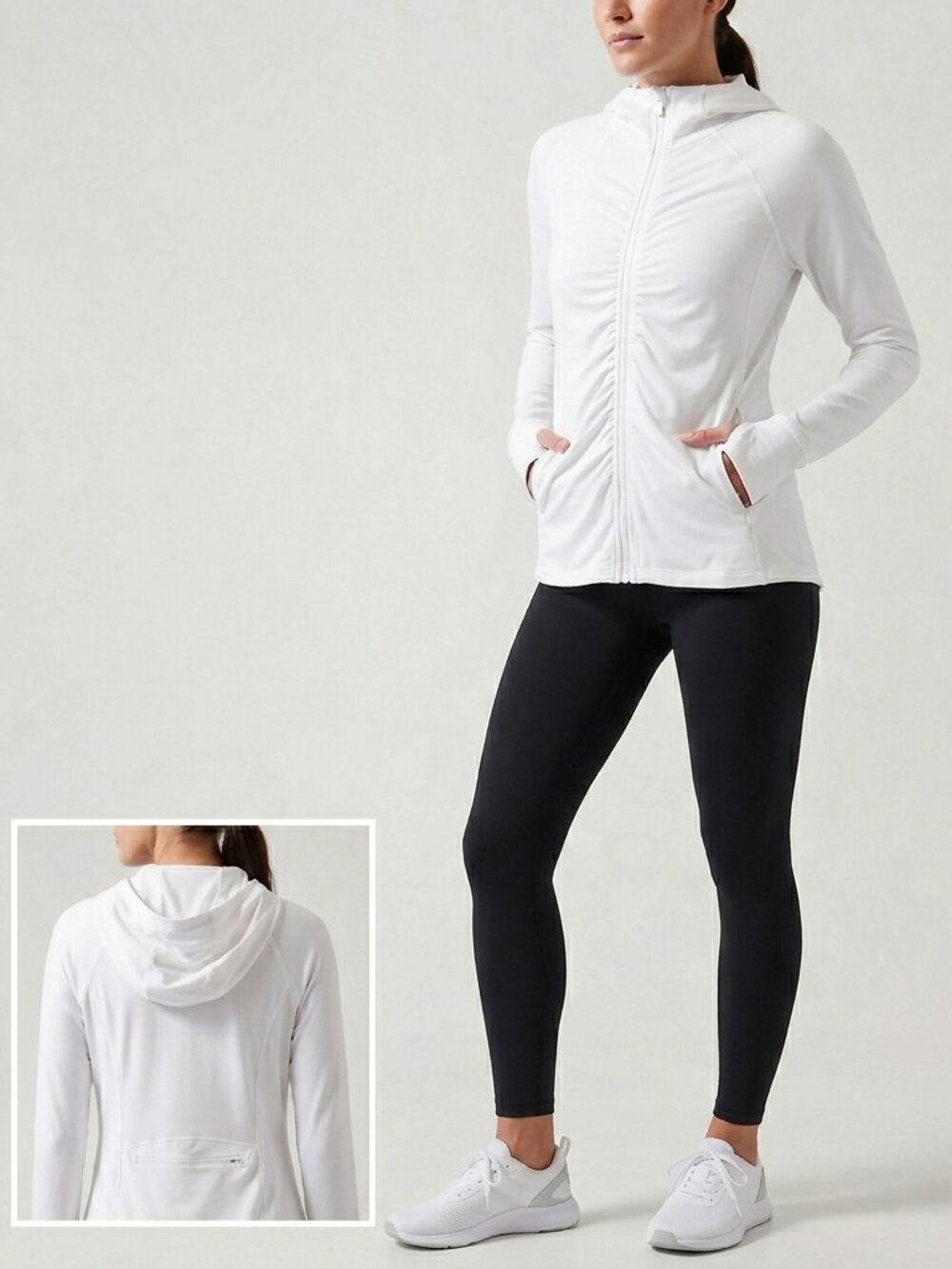 ATHLETA White Ruched Front Full-Zip Hoodie Jacket